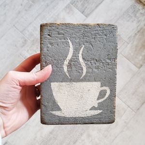Wood Coffee Tea Mug Cup Block Bar Sign Rustic Gray White